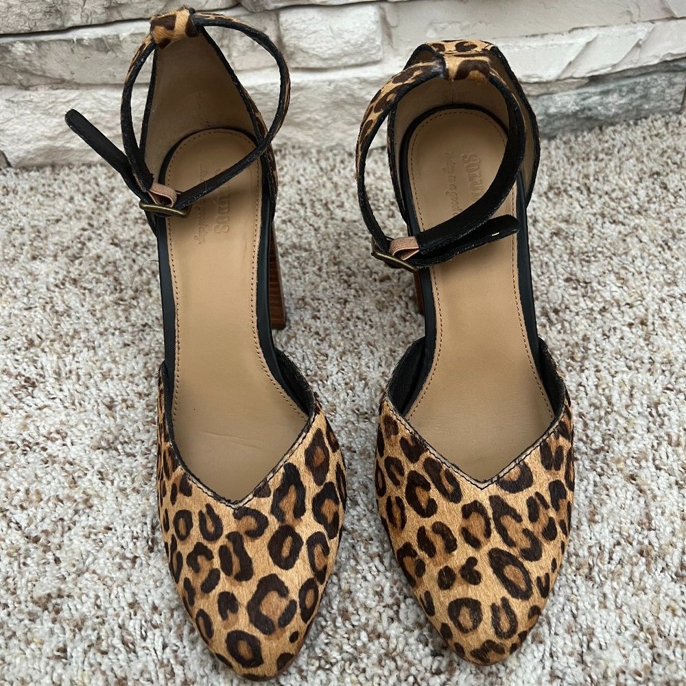 Soludos Leopard Animal Printed Calf Hair Ankle Strap Collette Heel Sandals 8